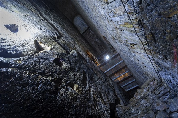 Wheel room of the Unverhofft Segen Gottes Erbstolln in Oberschöna, where there is a 13 metre high and 2.5 metre wide vault, in which a water wheel was operated in the 18th century, which kept the pumps running at a depth of 70 metres, 19th Day of the Mining and Metallurgy Exhibition in the District of Central Saxony, Oberschöna, Saxony, Germany, Europe