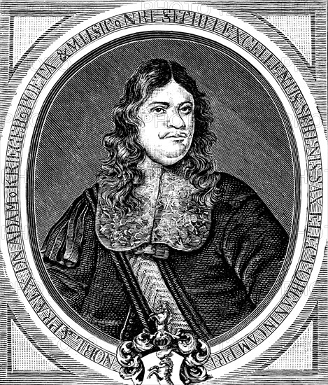 Adam Krieger (1634-1666), composer and author of sonnets, wine and love songs, accompaniment with continuo, chamber and court musician in Dresden, noble clothing, sash, long hair, serious look, coat of arms, history of German music, historical illustration 1892