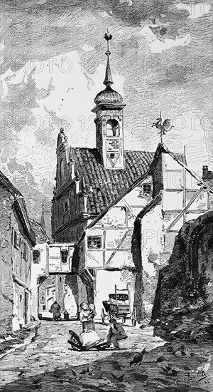 Alley in Stargard, West Pomerania, Poland, old town, half-timbered houses, stepped gable, tower, weathercock, handcart, man, woman, small child, birds, historical illustration 1880, Europe