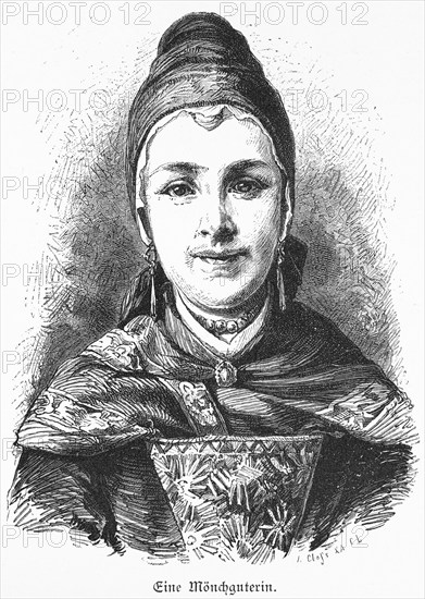 Young woman with traditional traditional costume, peninsula Mönchgut, island Rügen, Baltic Sea, Mecklenburg-Western Pomerania, Germany, headdress, necklace, earrings, embroidery, brooch, historical illustration 1880, Europe