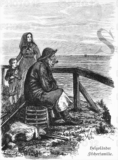 Fishing family, offshore island Helgoland, Schleswig-Holstein, North Sea, fisherman, profession, woman, headscarf, child, basket, Germany, historical illustration 1880, Europe