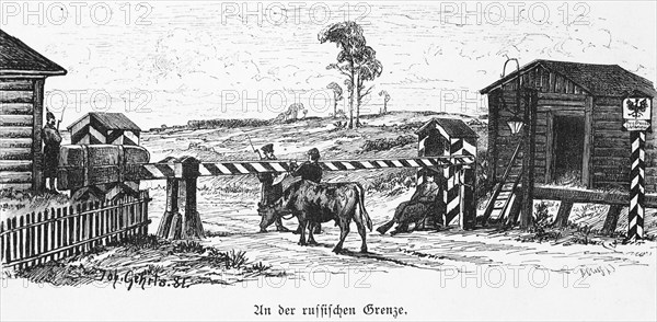 Control, land border between Russia and Lithuania, Curonian Spit, Baltic Sea, barrier, customs, wooden house, shield, soldiers, farmer, cow, historical illustration 1880