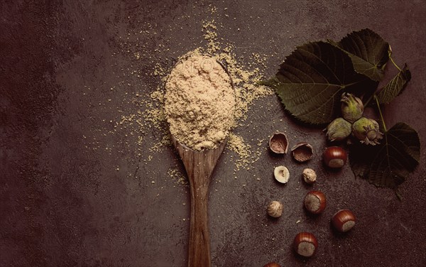 Wooden spoon, with hazelnut flour, on a brown table, top view, no people