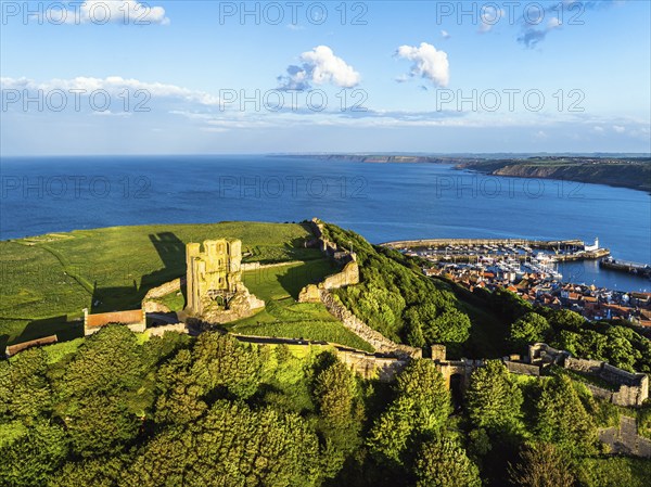 Scarborough Castle from a drone, Scarborough, North Yorkshire, England, United Kingdom, Europe