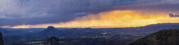 View from the Carolafelsen over Pirna to Dresden. Sunset and rain showers, Bad Schandau, Saxony, Germany, Europe