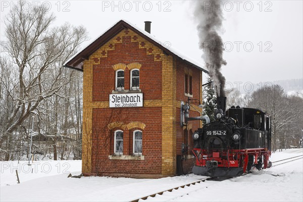 Steam train of the Preßnitztalbahn railway Steam locomotive in winter in Steinbach, Germany, Europe