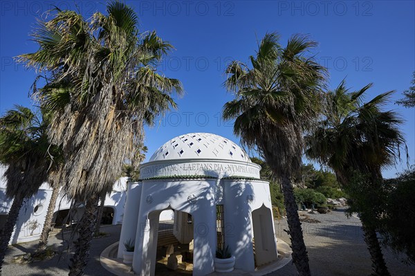 White building with domed roof and palm trees, shown under a clear blue sky, thermal springs, thermal baths, thermal baths of Kallithea, Kallithea, Rhodes, Dodecanese, Greek Islands, Greece, Europe