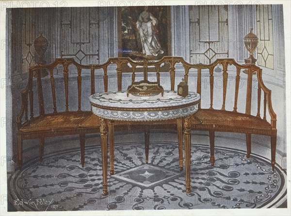 Furniture around the turn of the century 1900, Bar sofa with carved satinwood backrest, Painted and gilt table (1910, 1911), Carved satinwood barback settee, Painted and gilt table (1910, 1911) .jpg