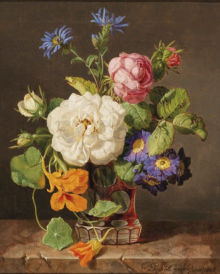 Classical still life of a colourful bouquet of flowers with white and red roses, primroses and nasturtiums, painting by Josef Lauer (1818, 1881), Austrian still life painter who was active in the Biedermeier period, among others