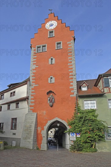 Historic upper gate tower, upper tower, gate tower, red town tower with stepped gable and clock, Meersburg, Obersee, Lake Constance, Lake Constance area, Baden-Württemberg, Germany, Europe