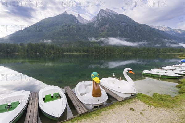 Jetty with boats at Hintersee, pedal boats, Ramsau, Berchtesgaden National Park, Berchtesgadener Land, Upper Bavaria, Bavaria, Germany, Europe