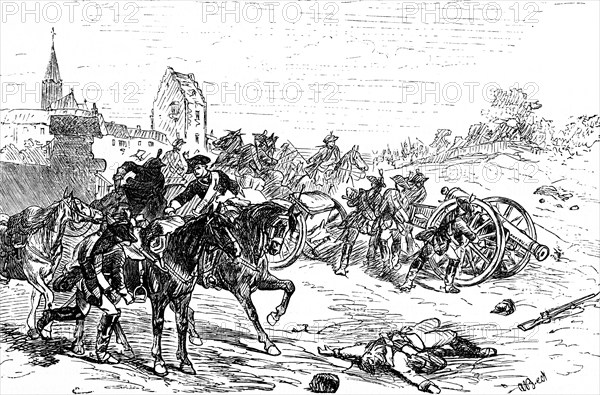 Riding artillery of King Frederick II the Great, war, battlefield, soldiers, cannons, weapons, death, guns, churches, buildings, Prussia, historical illustration 1882