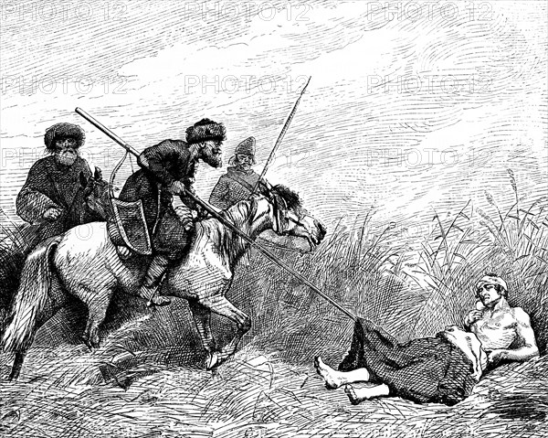 Battle of Kunersdorf 1759, defeat of the Prussian against the Russian-Austrian army, Cossacks plunder and kill the severely wounded Prussian officer Ewald von Kleist, Seven Years' War, horseman, dying man, injury, field, lances, history, Prussia, historical illustration 1882