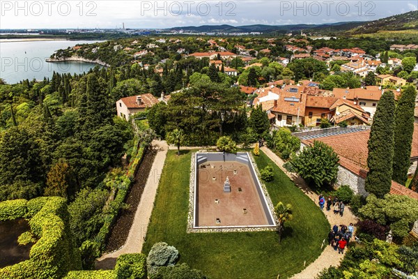 View of the castle garden, Duino Castle, with spectacular sea view, private residence of the Princes of Thurn and Taxis, Duino, Friuli, Italy, Duino, Friuli, Italy, Europe