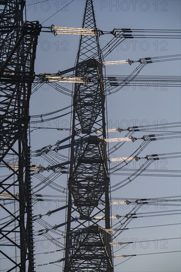 380 kV system, switchgear, from the transmission system operator Amprion, in the Emscherbruch in Herten, high-voltage pylon with glass insulators, North Rhine-Westphalia, Germany, Europe