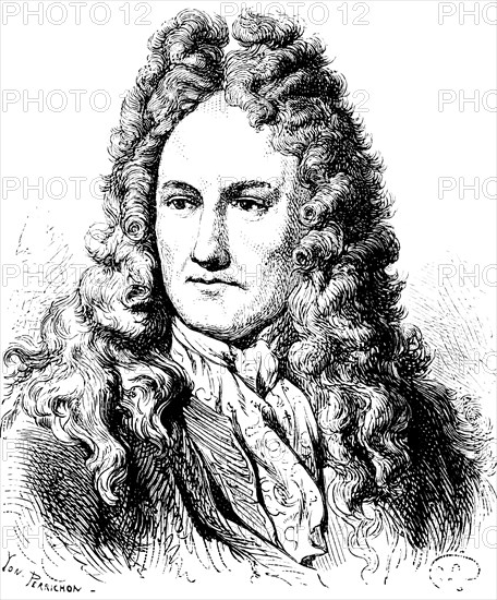 Portrait of Gottfried Wilhelm von Leibniz, philosopher, historian, mathematician, inventor of a calculating machine, polymath, president of the Academy of Sciences in 1700, curly wig, neckerchief, history of Prussia, historical illustration 1882