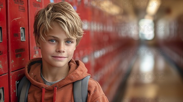 Cute caucasian school boy in the hallway of his school. generative AI, AI generated