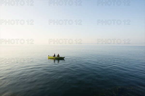 Boat and angler, Meersburg, Lake Constance, Baden-Württemberg, Germany, Europe