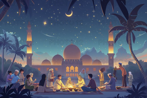 Essence of Ramadan, featuring people gathered and eating near a mosque under a starry night sky, illuminated by the crescent moon, AI generated