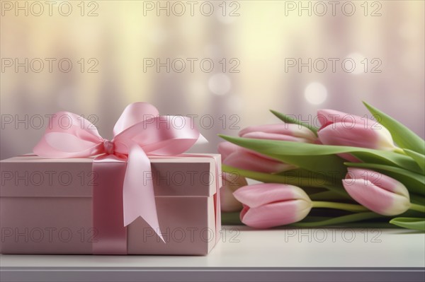 Gift Box with Pink Ribbon Beside bouquet of Fresh Tulips on Bokeh Background. Good for Valentine day, March 8, mother day, spring holidays, birthday designs, AI generated