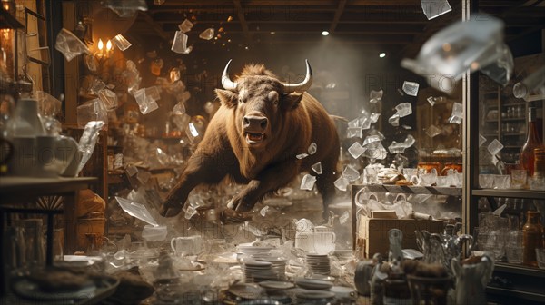 Very large bull with horns running through a China shop filled with glassware. generative AI, AI generated