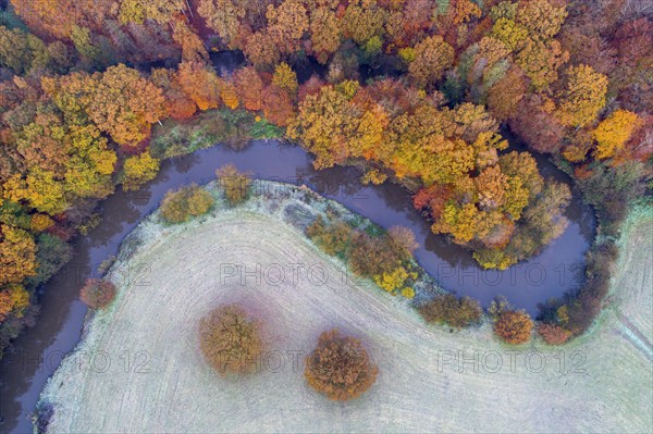 Aerial view of the Hunte in autumn, Meander, Hunte loop, Hunte, river, tree, forest, autumn colours, Huntepadd, Dötlingen, Lower Saxony, Germany, Europe