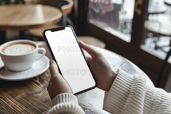 Close up of cell phone held by woman's hands in cafe. Generative Ai, AI generated