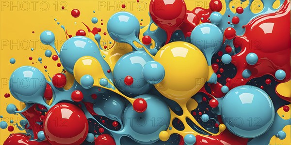 Abstract image with vibrant blue and red blobs and liquid shapes on a yellow background, AI generated