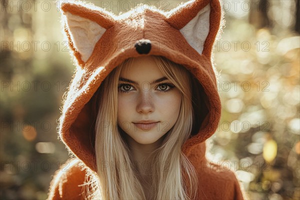 Young blond woman wearing a fox sweater with ears in autumn forest. Generative Ai, AI generated