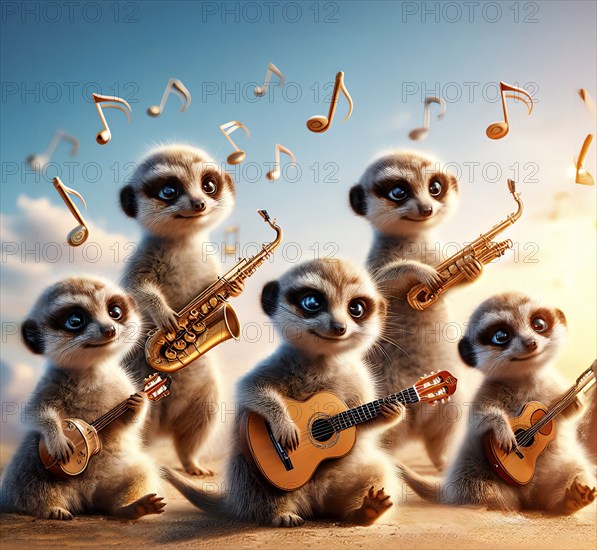 A group of meerkats play lively music, AI generated, AI generated