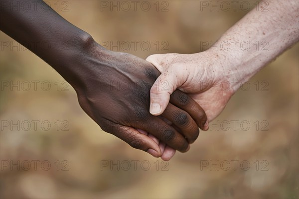 Close up of black african american and caucasian white people holding hands. KI generiert, generiert, AI generated