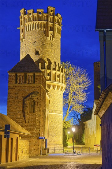 The Neustädter Tor illuminated at night. Old town centre of Tangermünde, Hanseatic town in the Altmark. Saxony-Anhalt, Germany, Europe