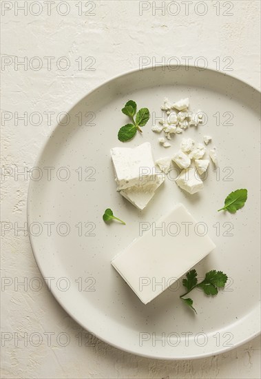 Cheese briquette for salads, Danish, white, top view, on a white plate