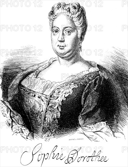 Portrait of Queen Sophie Dorothea of Brunswick-Lüneburg, wife of Frederick William I, Prussian history, signature, elegant clothing, jewellery, historical illustration 1882