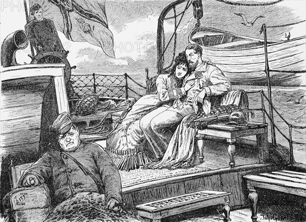 Seasick on the aft deck, East Frisia, North Sea, Lower Saxony, on deck, young couple, sick, nausea, wind force, swell, rocking, steering wheel, sailor, Germany, historical illustration 1880, Europe