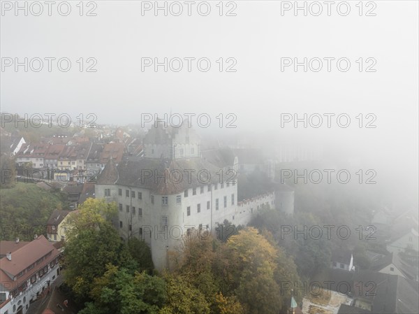 Aerial view of the historic Meersburg in autumn fog, Lake Constance, Lake Constance district, Baden-Württemberg, Germany, Europe