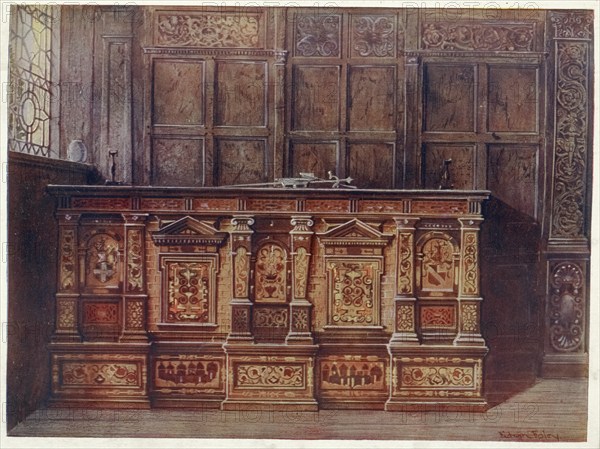 Furniture from around the turn of the century 1900, inlaid document chest. A gift from Sir Hugh Offley, then Lord Mayor of London in 1556, to St Mary Overie, now St Saviour's, Southwark Cathedral. (1910, 1911), Inlaid muniment chest. Presented by Sir Hugh Offley, when Lord Mayor of London in 1556, to St. Mary Overie, now St. Saviour's, 1911) .jpg