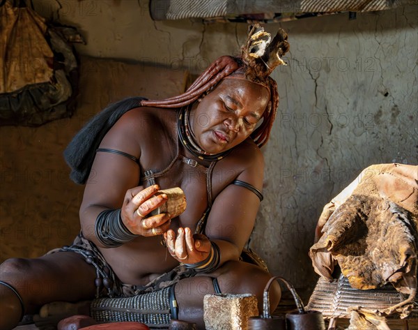 Traditional Himba woman prepares herbs for body care with smoke, interior of the first woman's mud hut in a Himba village, near Opuwo, Kaokoveld, Kunene, Namibia, Africa