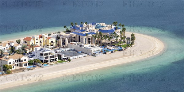 Luxury villas properties on The Palm Jumeirah man-made island with beach panorama in Dubai, United Arab Emirates, Asia