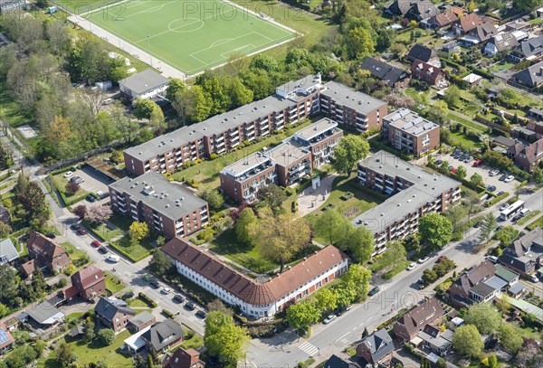 Aerial view, flat, house, densification, redensification, housing construction, lack of space, co-operative, Bergedorf Bille, Katendeich, Hamburg, Germany, Europe