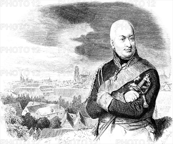 Portrait of General Count Falkreuth, defender of the siege of Danzig 1807, siege by French and Saxon troops, Fourth Coalition War, fortress, Napoleon, honourable surrender, cityscape, Prussia, historical illustration 1882