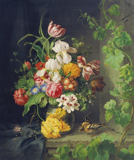 Colourful bouquet of flowers in a vase, sparrow and grapevine on a windowsill, painting by Josef Lauer (1818, 1881), Austrian still life painter who was active in the Biedermeier period, among others