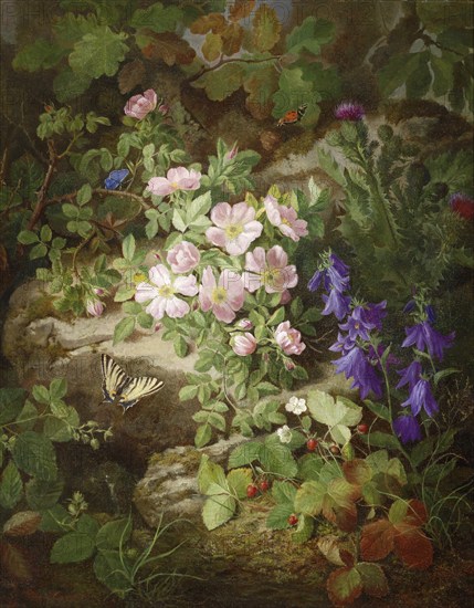 Large still life with alpine flowers and butterflies, painting by Josef Lauer (1818, 1881), Austrian still life painter who was active in the Biedermeier period, among others