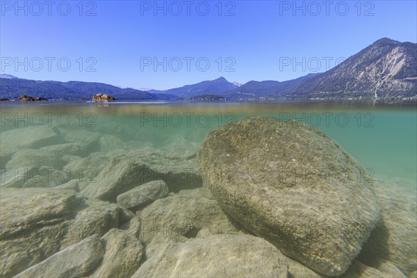 Underwater shot, rocks, lake, clear, mountains, sunny, Walchensee, Bavaria, Germany, Europe