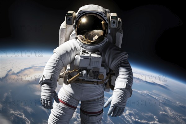 Astronaut Floating Above Earth in Space with extravehicular mobility unit and backpack. Wonder and awe of space exploration and science, AI generated