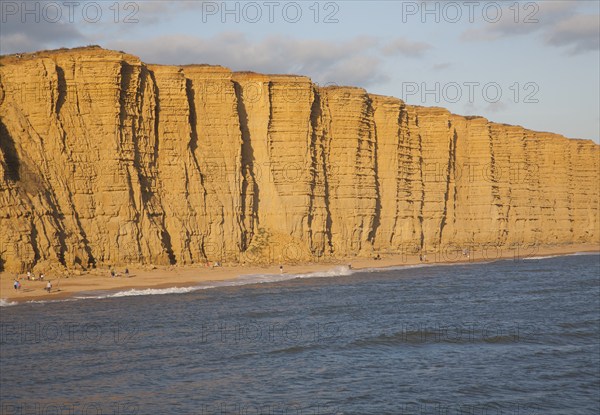 Golden afternoon light on sandstone cliffs, East Cliffs, West Bay, Bridport, Dorset, England, UK