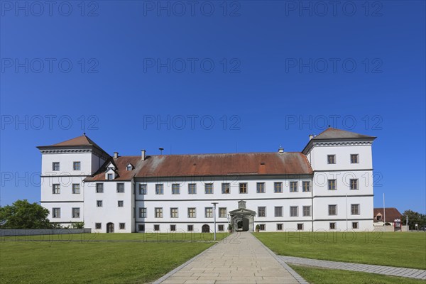 Meßkirch Castle, Castle of the Counts of Zimmern, Zimmern Castle, regular four-wing castle complex, Renaissance building, architecture, historical building, east view, park, castle garden, window, facade, path, lawn, grass, Meßkirch, Sigmaringen district, Baden-Württemberg. Germany