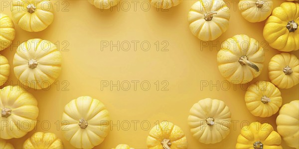 Banner with small yellow pumpkins on yellow background with copy space. Generative Ai, AI generated