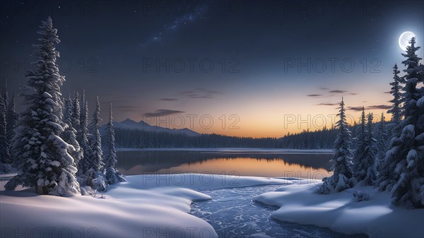 Tranquil winter night scene with a crescent moon and stars shining brightly over a frozen lake, with a line of snow-covered pine trees reflected in the lake, AI generated