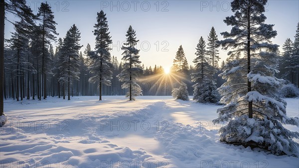 Peaceful snowy forest clearing at dawn with snow softly blanketing the ground and frost-covered pine trees, AI generated